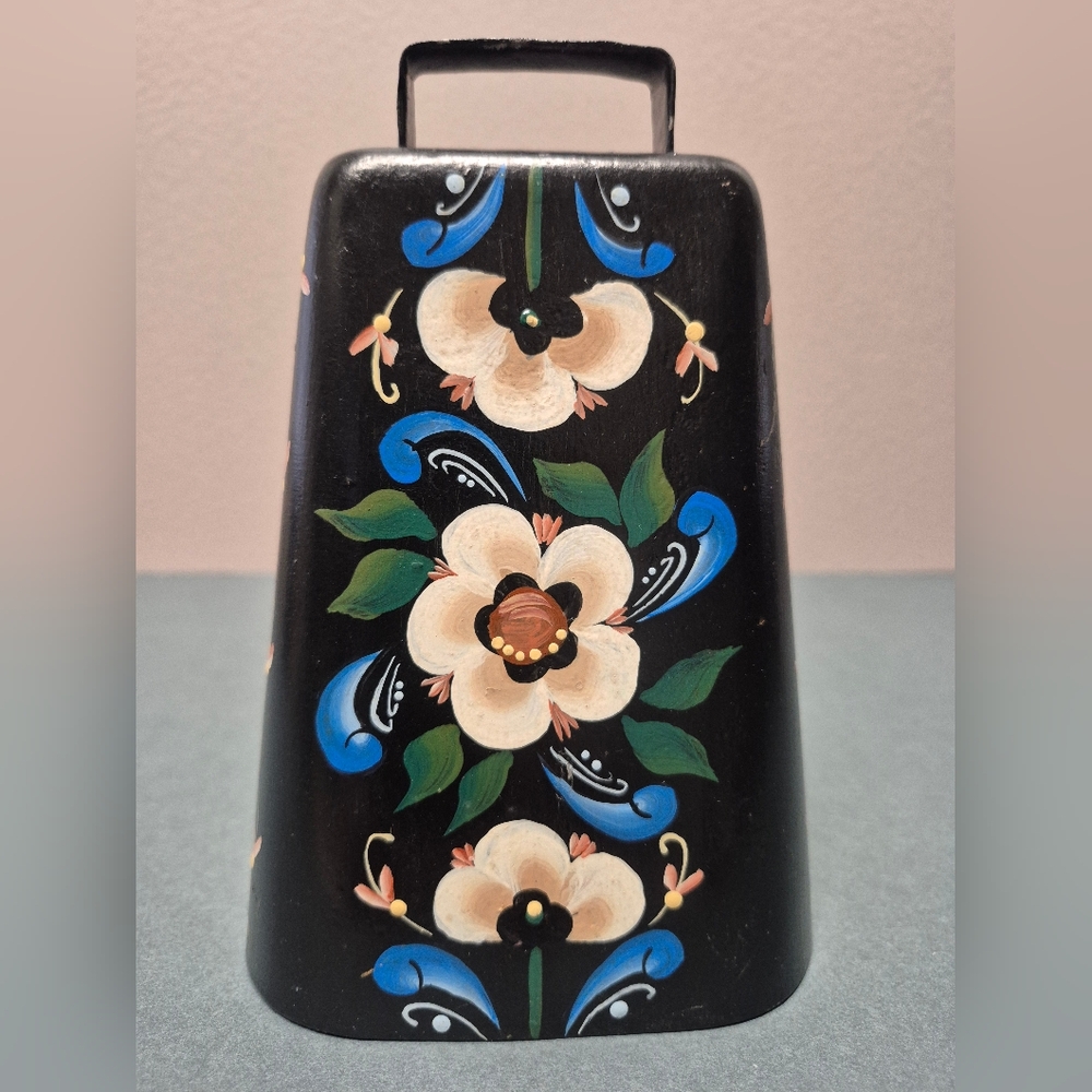 Vintage Floral Hand-Painted Black Cowbell Metal -Country/Cottage